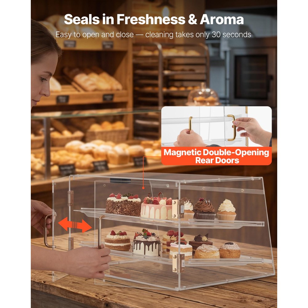 VEVOR Bakery Display Case, 2-Tier Commercial Countertop Pastry Display Case, Clear Acrylic Bread Box for Kitchen, Party Cake Cabinet with Magnetic Rear Door for Cookie Dessert Donut, 20.7"x15.7"x12"
