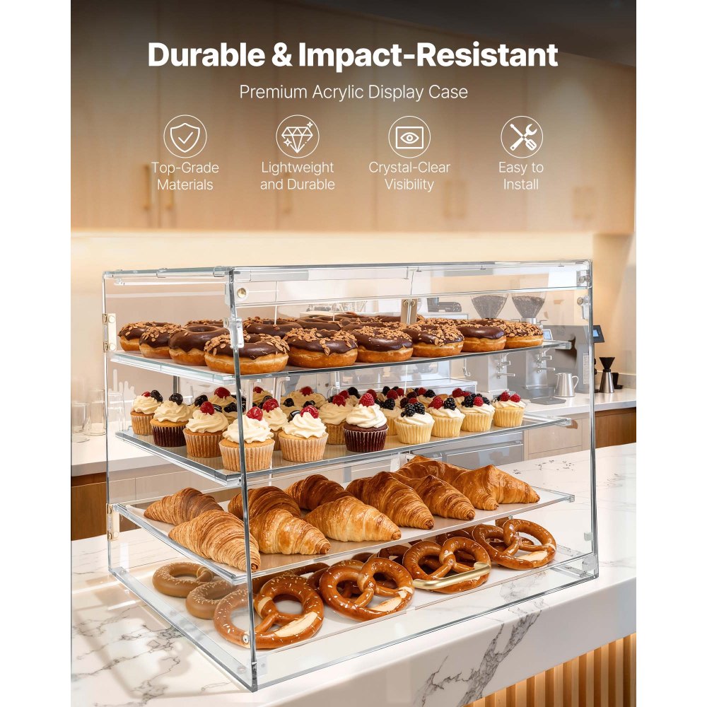 VEVOR Bakery Display Case, 4-Tier Commercial Countertop Pastry Display Case, Clear Acrylic Bread Box for Kitchen, Party Cake Cabinet with Magnetic Rear Door for Cookie Dessert Donut, 20.9"x17.1"x16.3"