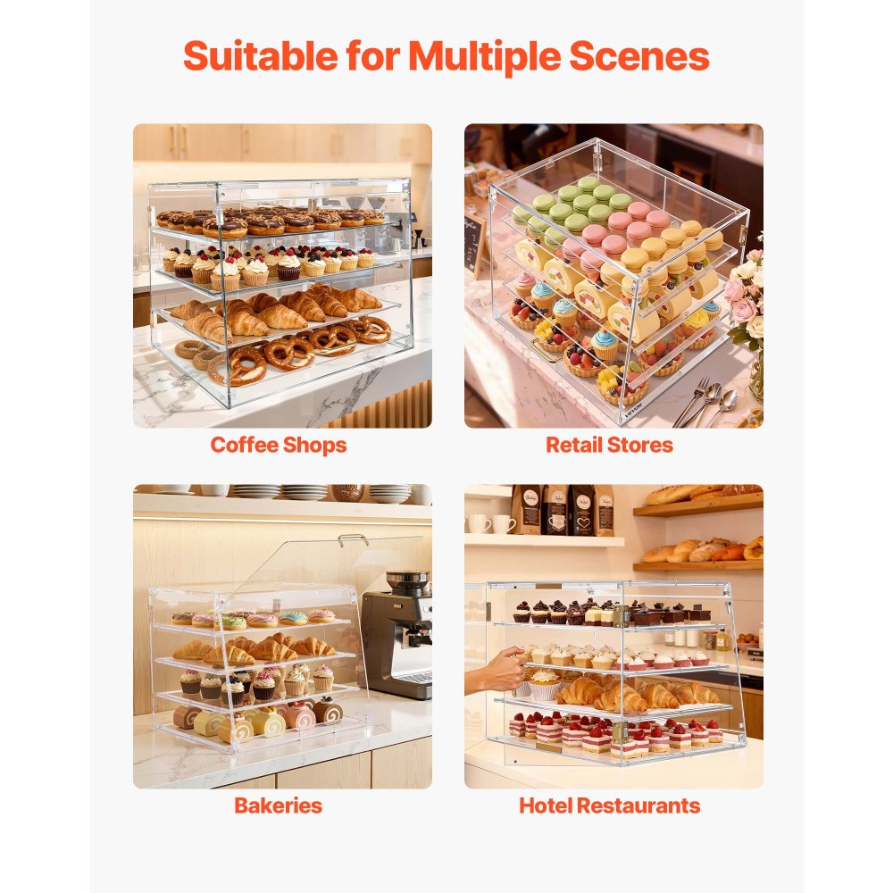 VEVOR Bakery Display Case, 4-Tier Commercial Countertop Pastry Display Case, Clear Acrylic Bread Box for Kitchen, Party Cake Cabinet with Magnetic Rear Door for Cookie Dessert Donut, 20.9"x17.1"x16.3"