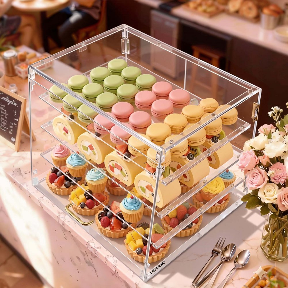 VEVOR Bakery Display Case, 4-Tier Commercial Countertop Pastry Display Case, Clear Acrylic Bread Box for Kitchen, Party Cake Cabinet with Magnetic Rear Door for Cookie Dessert Donut, 20.9"x17.1"x16.3"