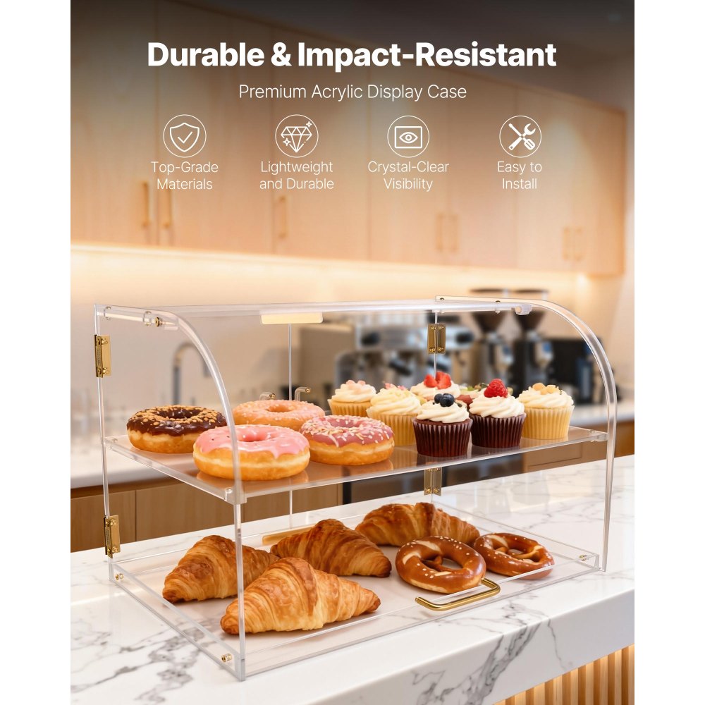 VEVOR Bakery Display Case, 2-Tier Commercial Countertop Pastry Display Case, Clear Acrylic Bread Box for Kitchen, Party Cake Cabinet with Magnetic Rear Door for Cookie Dessert Donut, 22" x 14" x 14"