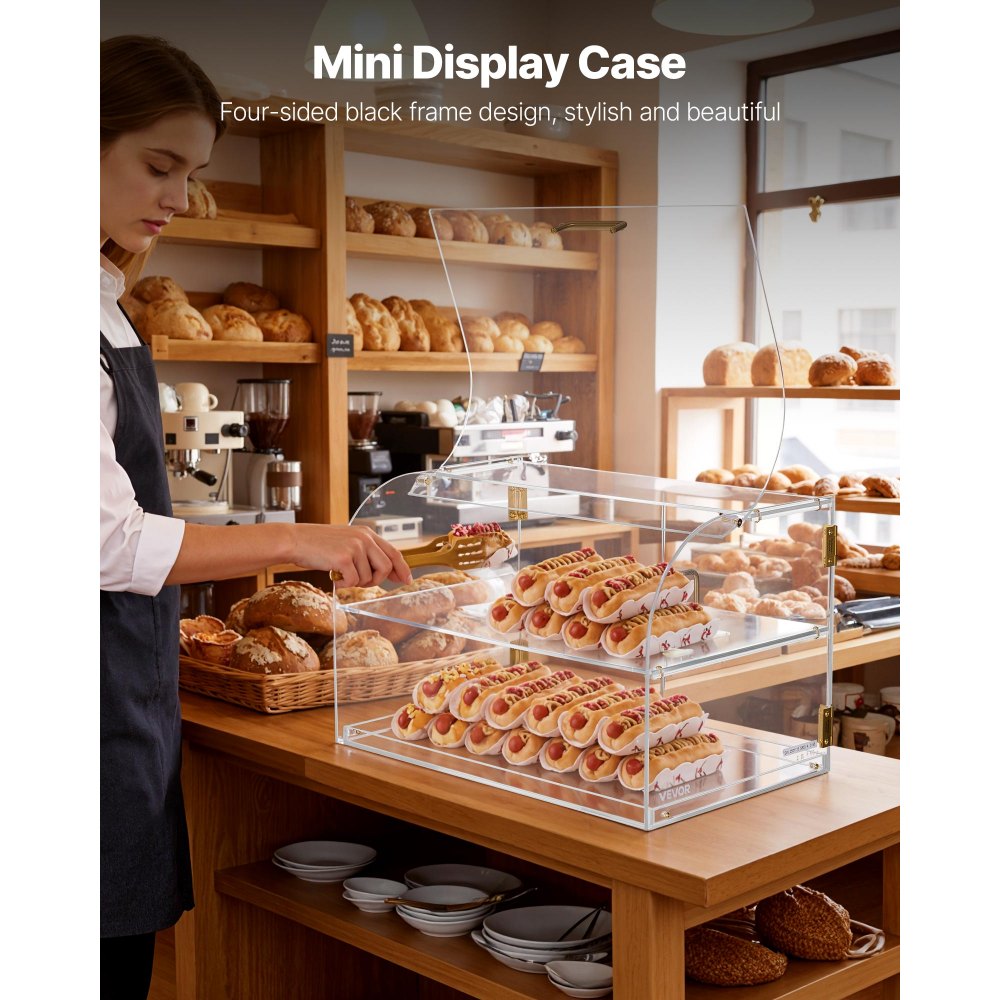 VEVOR Bakery Display Case, 2-Tier Commercial Countertop Pastry Display Case, Clear Acrylic Bread Box for Kitchen, Party Cake Cabinet with Magnetic Rear Door for Cookie Dessert Donut, 22" x 14" x 14"