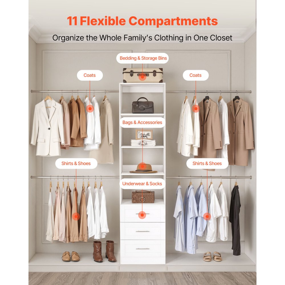 VEVOR Closet System with 3 Drawers, Adjustable Height Wooden Closet Organizers, Modern Walk-in Wardrobe Organization with 4 Retractable Clothes Hanger Rods, Freestanding Garment Rack Storage, White