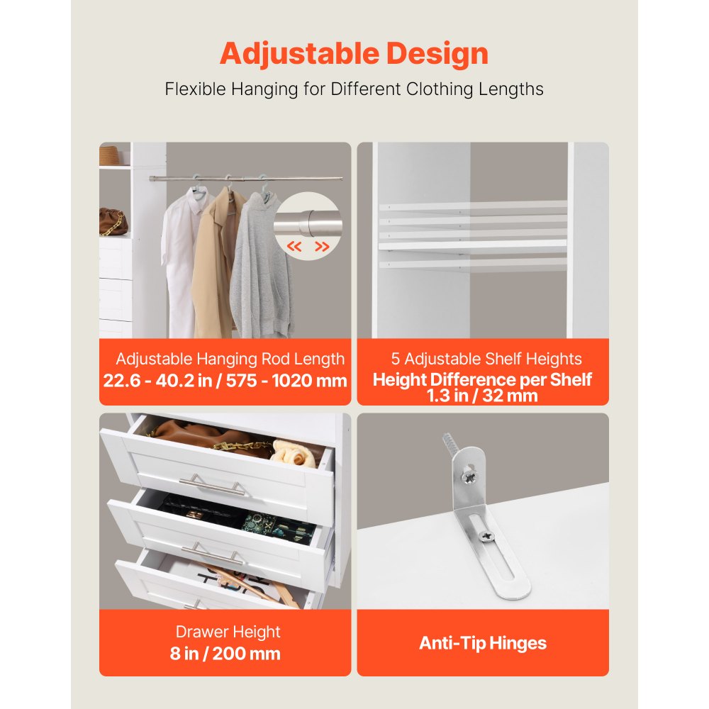 VEVOR Closet System with 3 Drawers, Adjustable Height Wooden Closet Organizers, Modern Walk-in Wardrobe Organization with 4 Retractable Clothes Hanger Rods, Freestanding Garment Rack Storage, White