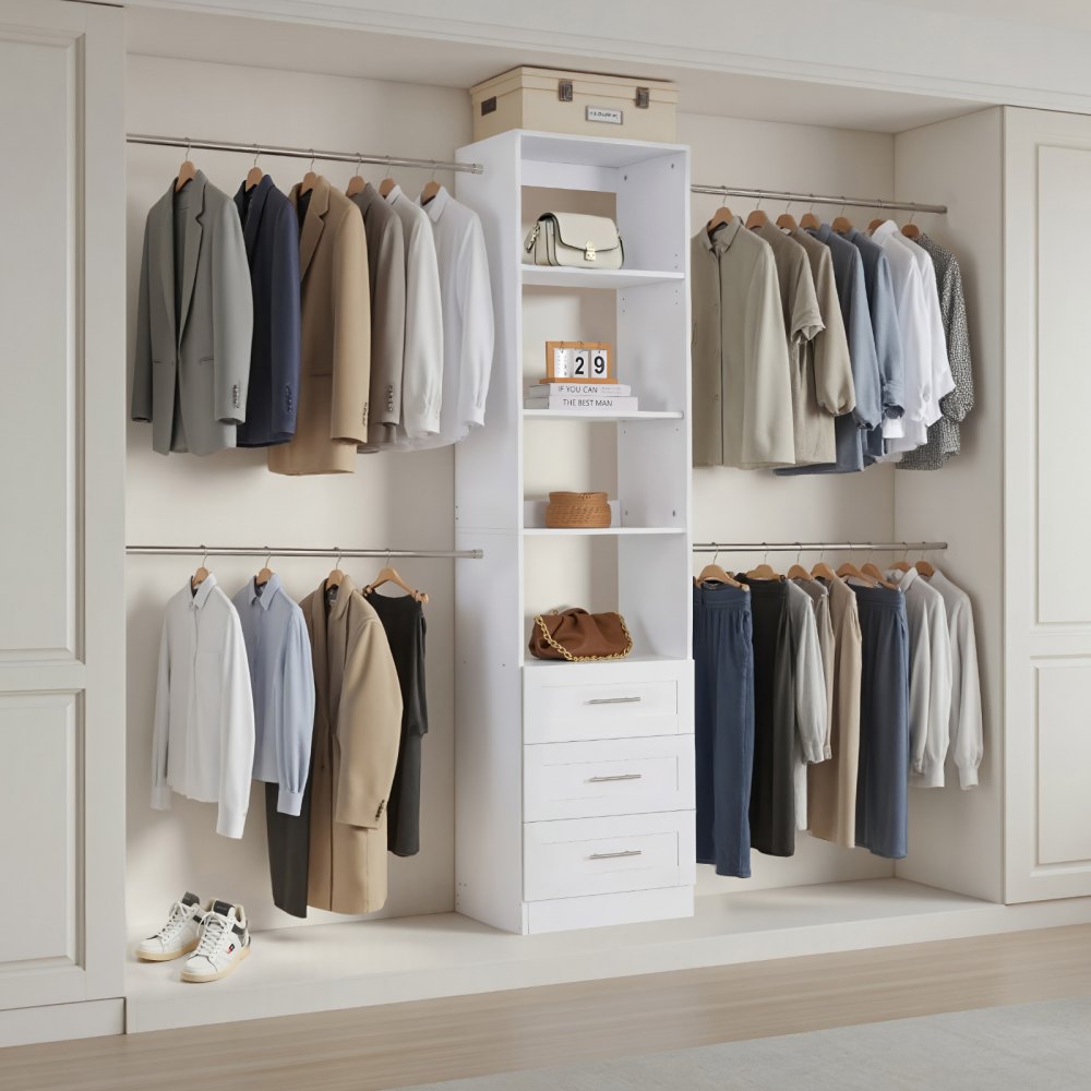 VEVOR Closet System with 3 Drawers, Adjustable Height Wooden Closet Organizers, Modern Walk-in Wardrobe Organization with 4 Retractable Clothes Hanger Rods, Freestanding Garment Rack Storage, White