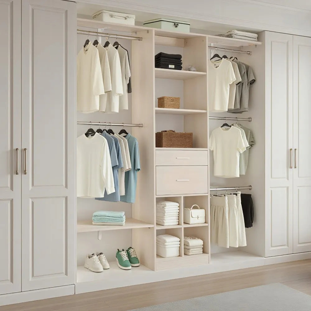 VEVOR Closet System with 2 Drawers, Adjustable Height Wooden Closet Organizers, Modern Walk-in Wardrobe Organization with 5 Retractable Clothes Hanger Rods, Freestanding Garment Rack Storage, Grey