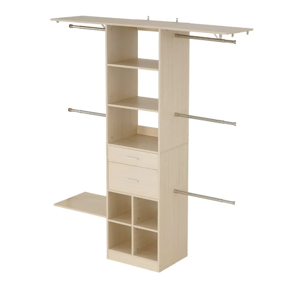 VEVOR Closet System with 2 Drawers, Adjustable Height Wooden Closet Organizers, Modern Walk-in Wardrobe Organization with 5 Retractable Clothes Hanger Rods, Freestanding Garment Rack Storage, Grey