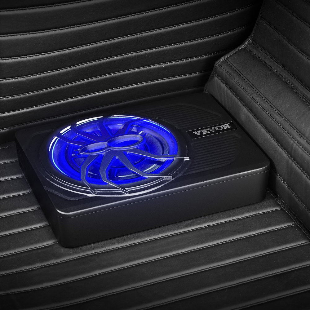 VEVOR 10" 440W Underseat Car Subwoofer, Slim Powered Car Subwoofers with Blue Ambient Light, Low Profile Audio Sub Under the Seat with Built-in Amplifier, Remote Controller for SUVs, Car, Truck, RV