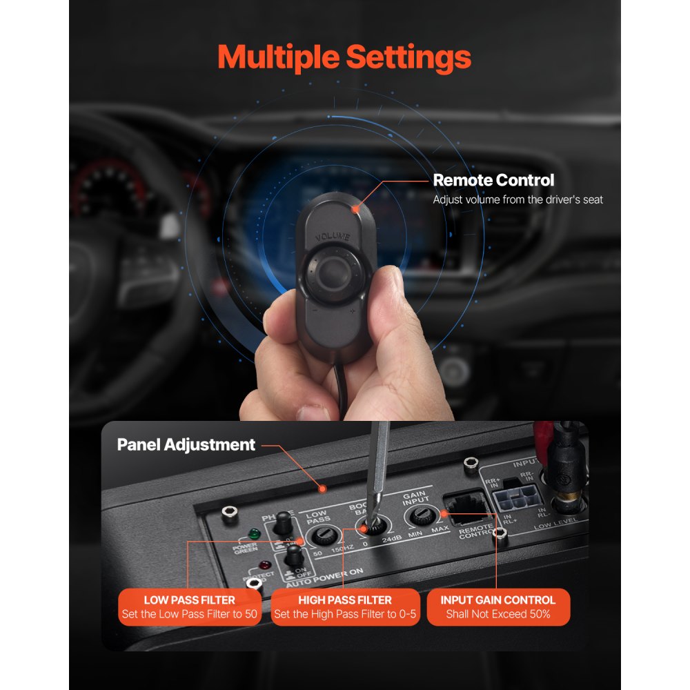 VEVOR 8" 240W Underseat Car Subwoofer, 120W RMS Rated Power Slim Powered Car Subwoofers Under the Seat, Low Profile Audio Sub Built-in Amplifier, High/Low Level Input & Volume Controller for SUVs, Car, Truck, RV