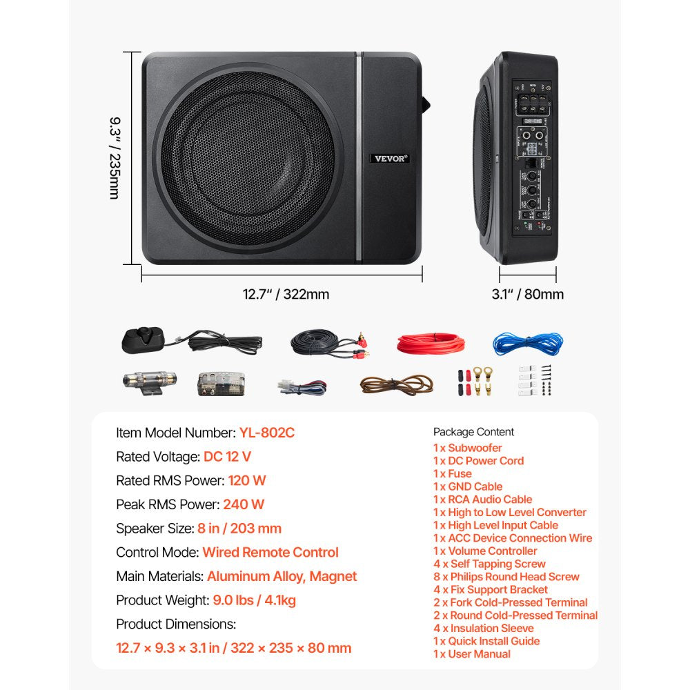 VEVOR 8" 240W Underseat Car Subwoofer, 120W RMS Rated Power Slim Powered Car Subwoofers Under the Seat, Low Profile Audio Sub Built-in Amplifier, High/Low Level Input & Volume Controller for SUVs, Car, Truck, RV