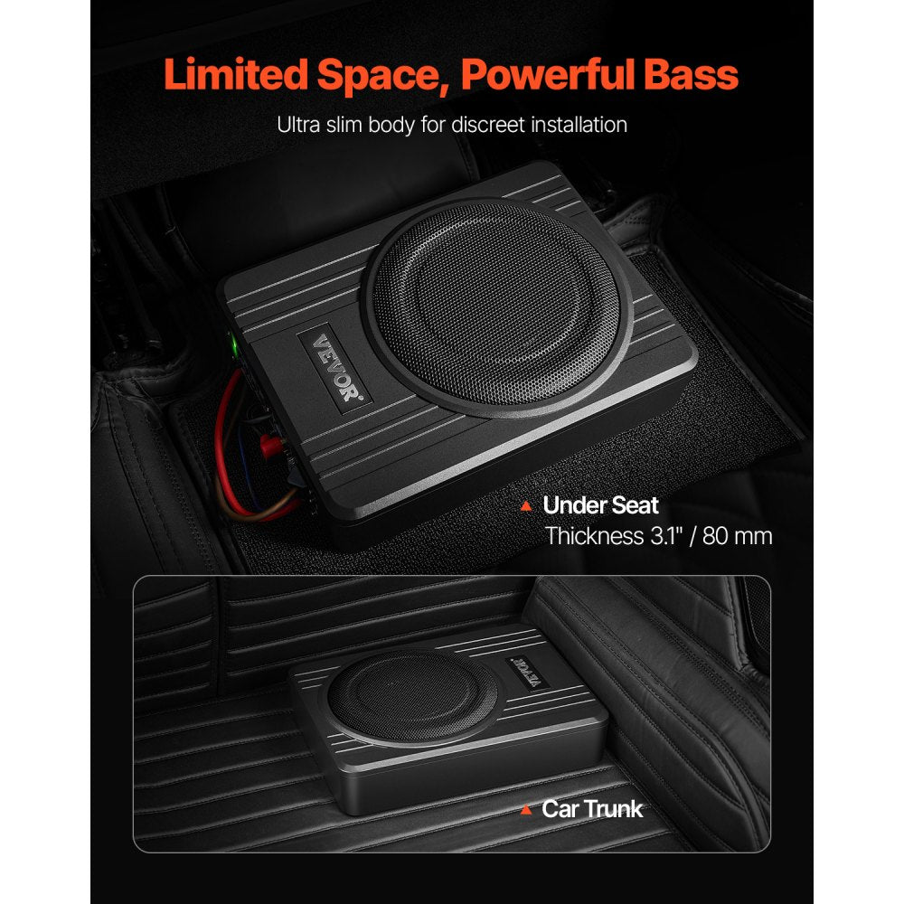 VEVOR 10" 300W Underseat Car Subwoofer, Slim Powered Car Subwoofers Under the Seat, Low Profile Audio Sub Built-in Amplifier, High/Low Level Input & Volume Controller for SUVs, Car, Truck, RV