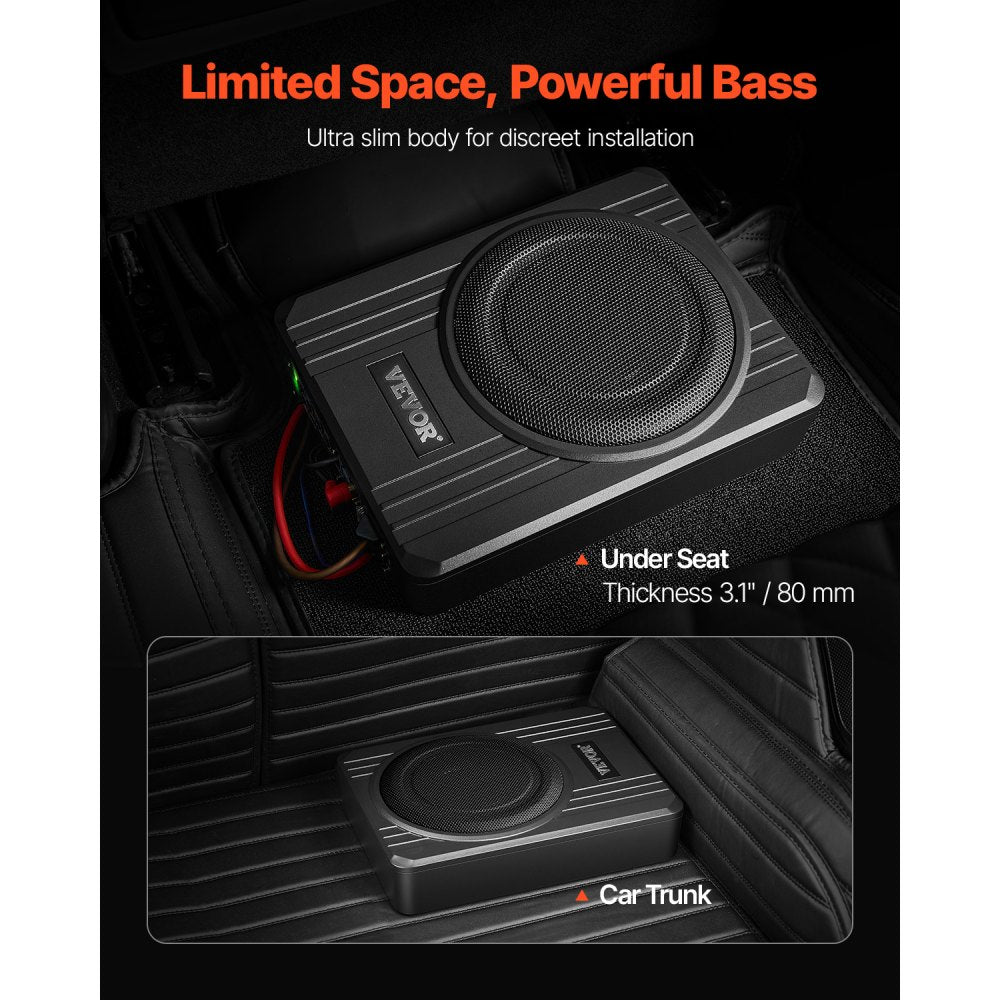 VEVOR 8" 400W Underseat Car Subwoofer, Slim Powered Car Subwoofers Under the Seat, Low Profile Audio Sub Built-in Amplifier, High/Low Level Input & Volume Controller for SUVs, Car, Truck, RV