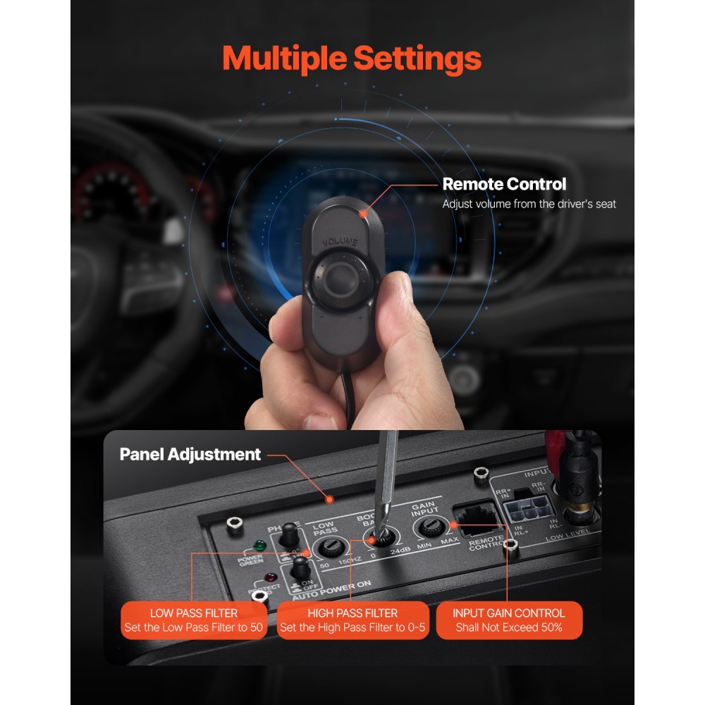 VEVOR 8" 400W Underseat Car Subwoofer, Slim Powered Car Subwoofers Under the Seat, Low Profile Audio Sub Built-in Amplifier, High/Low Level Input & Volume Controller for SUVs, Car, Truck, RV