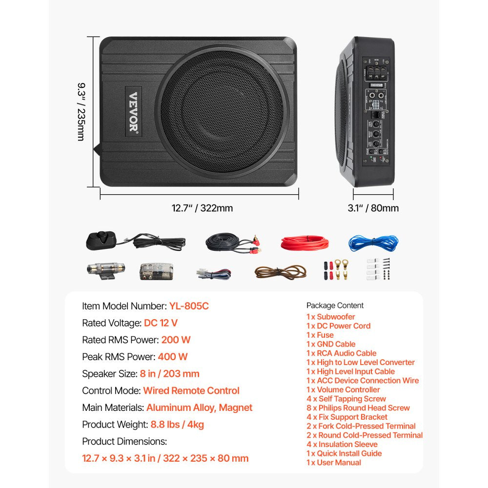 VEVOR 8" 400W Underseat Car Subwoofer, Slim Powered Car Subwoofers Under the Seat, Low Profile Audio Sub Built-in Amplifier, High/Low Level Input & Volume Controller for SUVs, Car, Truck, RV