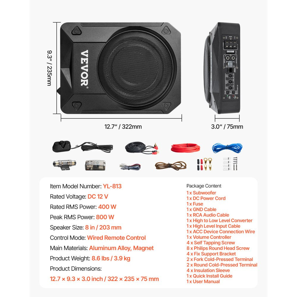 VEVOR 8" 800W Underseat Car Subwoofer, Slim Powered Car Subwoofers Under the Seat, Low Profile Audio Sub Built-in Amplifier, High/Low Level Input & Volume Controller for SUVs, Car, Truck, RV