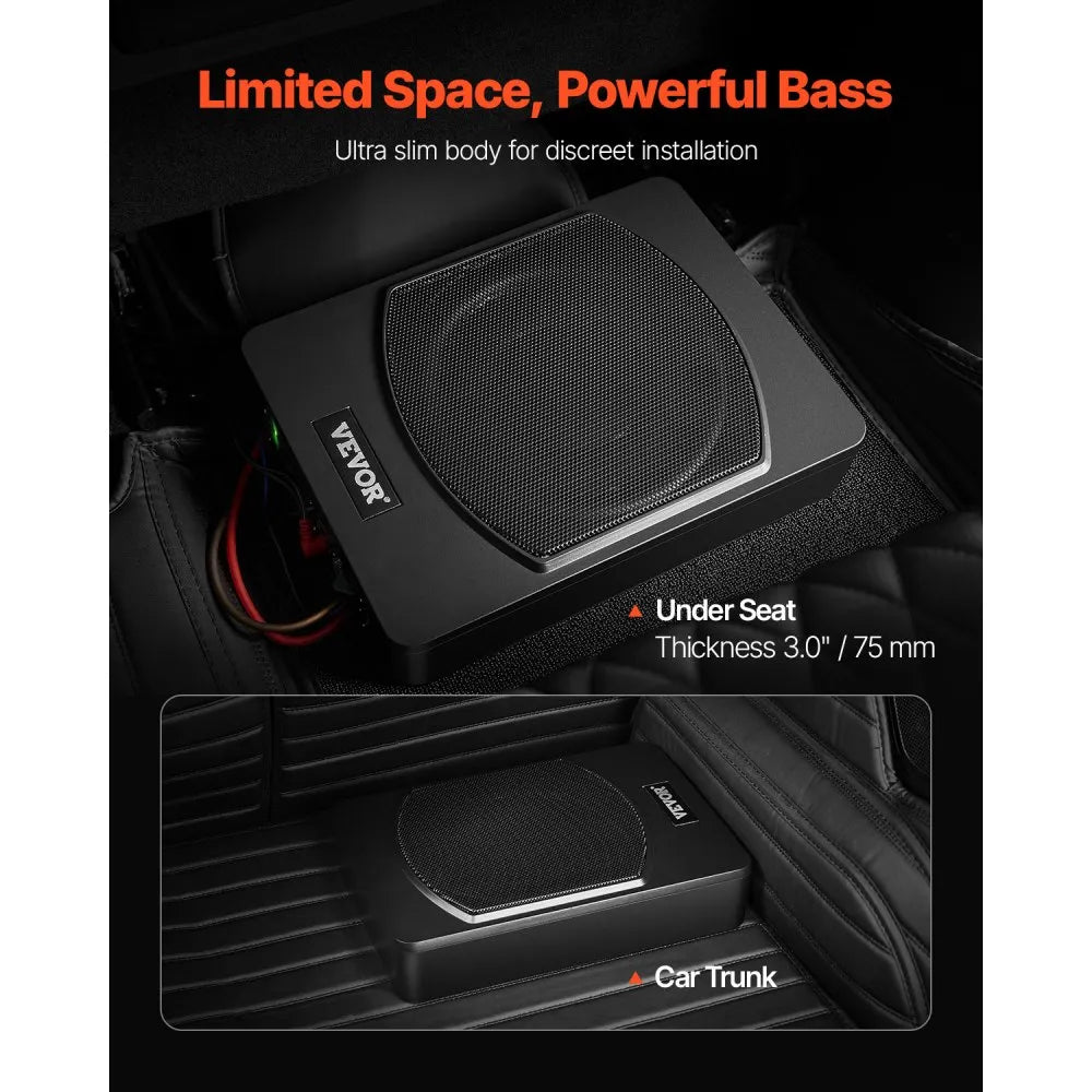 VEVOR 10" 240W Underseat Car Subwoofer, Slim Powered Car Subwoofers Under the Seat, Low Profile Audio Sub Built-in Amplifier, High/Low Level Input & Volume Controller for SUVs, Car, Truck, RV
