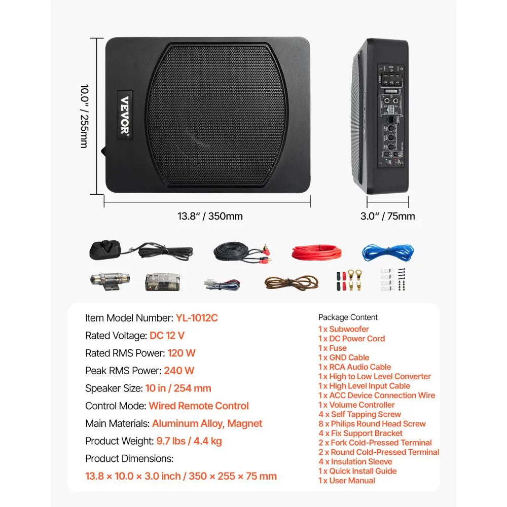 VEVOR 10" 240W Underseat Car Subwoofer, Slim Powered Car Subwoofers Under the Seat, Low Profile Audio Sub Built-in Amplifier, High/Low Level Input & Volume Controller for SUVs, Car, Truck, RV