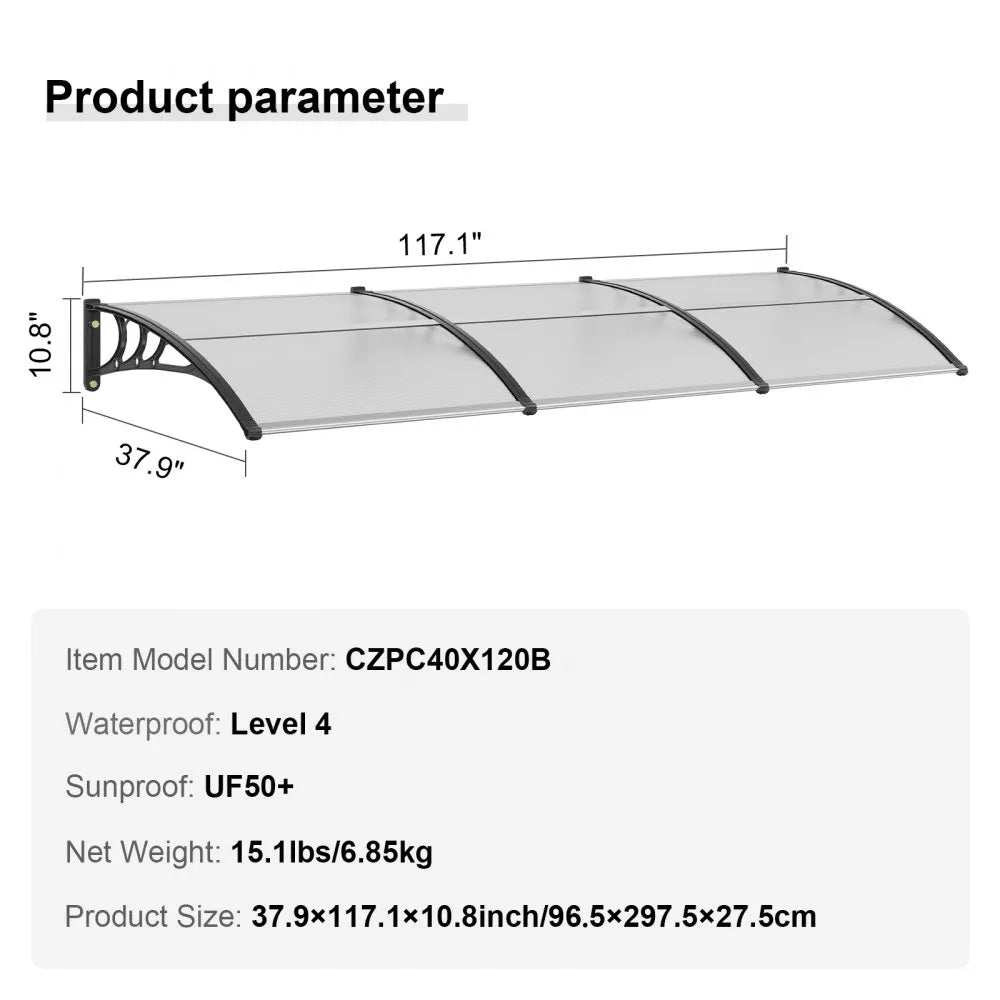 VEVOR Window Door Awning Canopy, 38" x 117" Door Canopy Exterior, UF50+ PC Sunshade Sheet Awnings, Outdoor Patio Awning Sun Shade, Transparent, Waterproof, for Sun Shutter, UV, Rain, Snow Protection