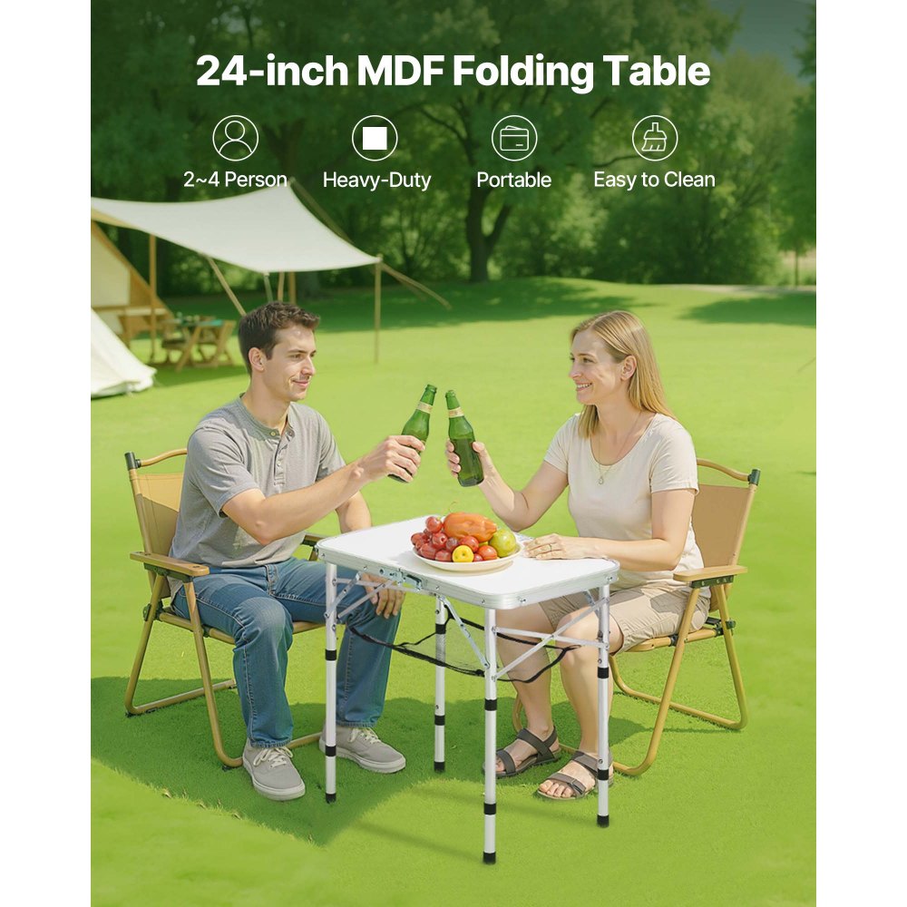 VEVOR Folding Camping Table, Adjustable Height Portable Side Tables, Aluminum MDF Beach Table with Mesh Layer, Carrying Handle, Lightweight Compact for Outdoor Picnic BBQ Cooking, 24x16in, Silver