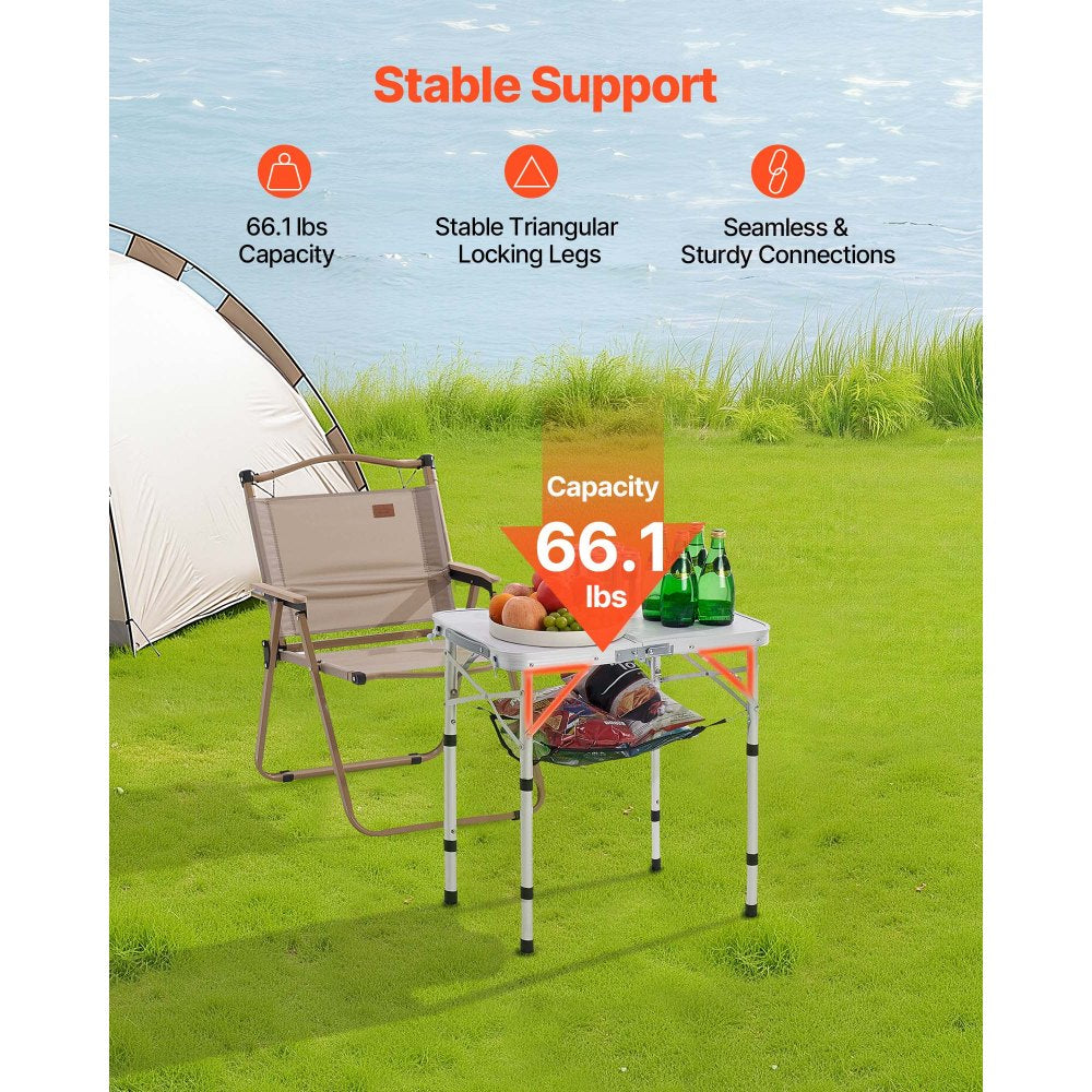 VEVOR Folding Camping Table, Adjustable Height Portable Side Tables, Aluminum MDF Beach Table with Mesh Layer, Carrying Handle, Lightweight Compact for Outdoor Picnic BBQ Cooking, 24x16in, Silver