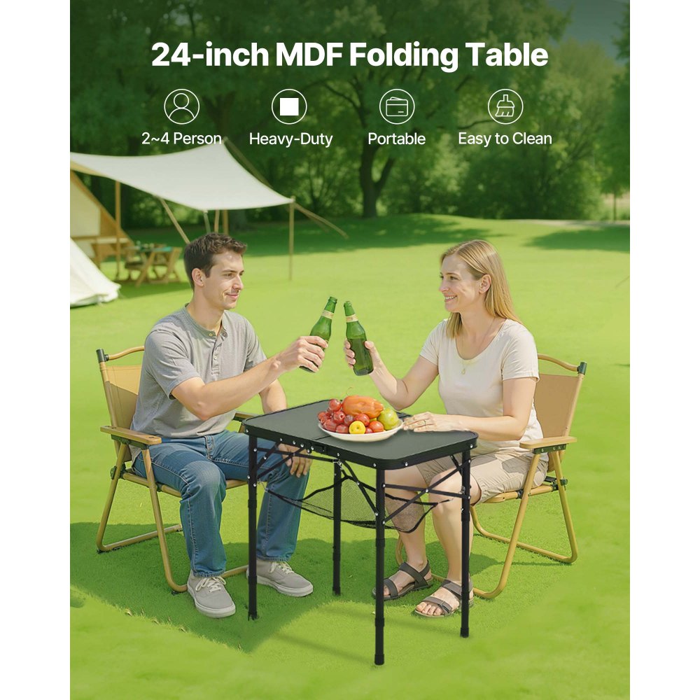 VEVOR Folding Camping Table, Adjustable Height Portable Side Tables, Aluminum MDF Beach Table with Mesh Layer, Carrying Handle, Lightweight Compact for Outdoor Picnic BBQ Cooking, 24x16in, Black