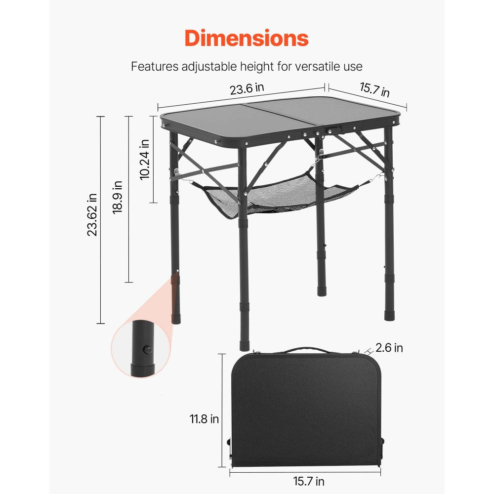 VEVOR Folding Camping Table, Adjustable Height Portable Side Tables, Aluminum MDF Beach Table with Mesh Layer, Carrying Handle, Lightweight Compact for Outdoor Picnic BBQ Cooking, 24x16in, Black