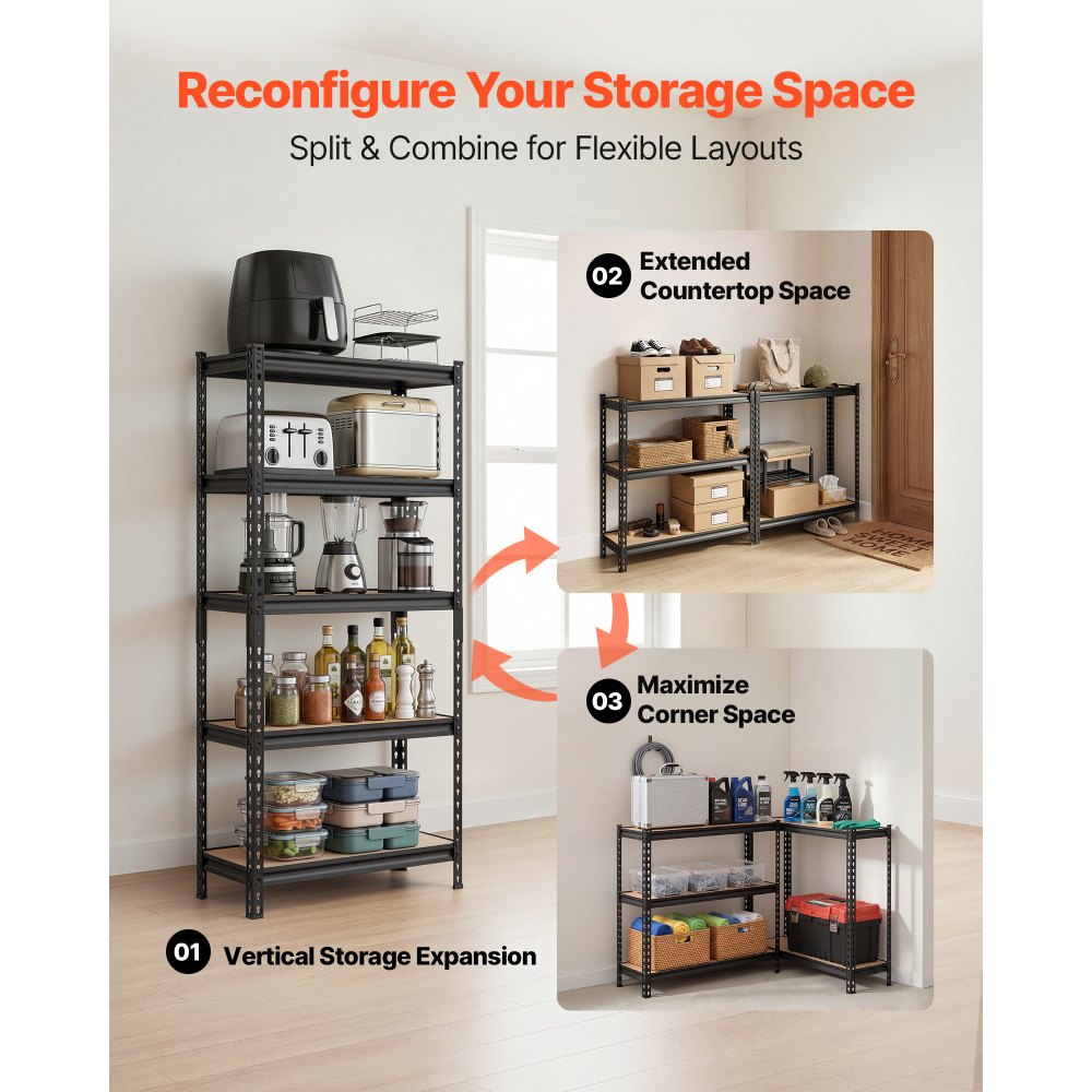 VEVOR Storage Shelves, 5-Tier Adjustable, 2000 lbs Capacity, Heavy Duty Garage Storage Shelving Unit, Metal Utility Rack Shelf, for Kitchen Pantry Basement Bathroom, 28.35" W x 12.17" D x 59.84" H