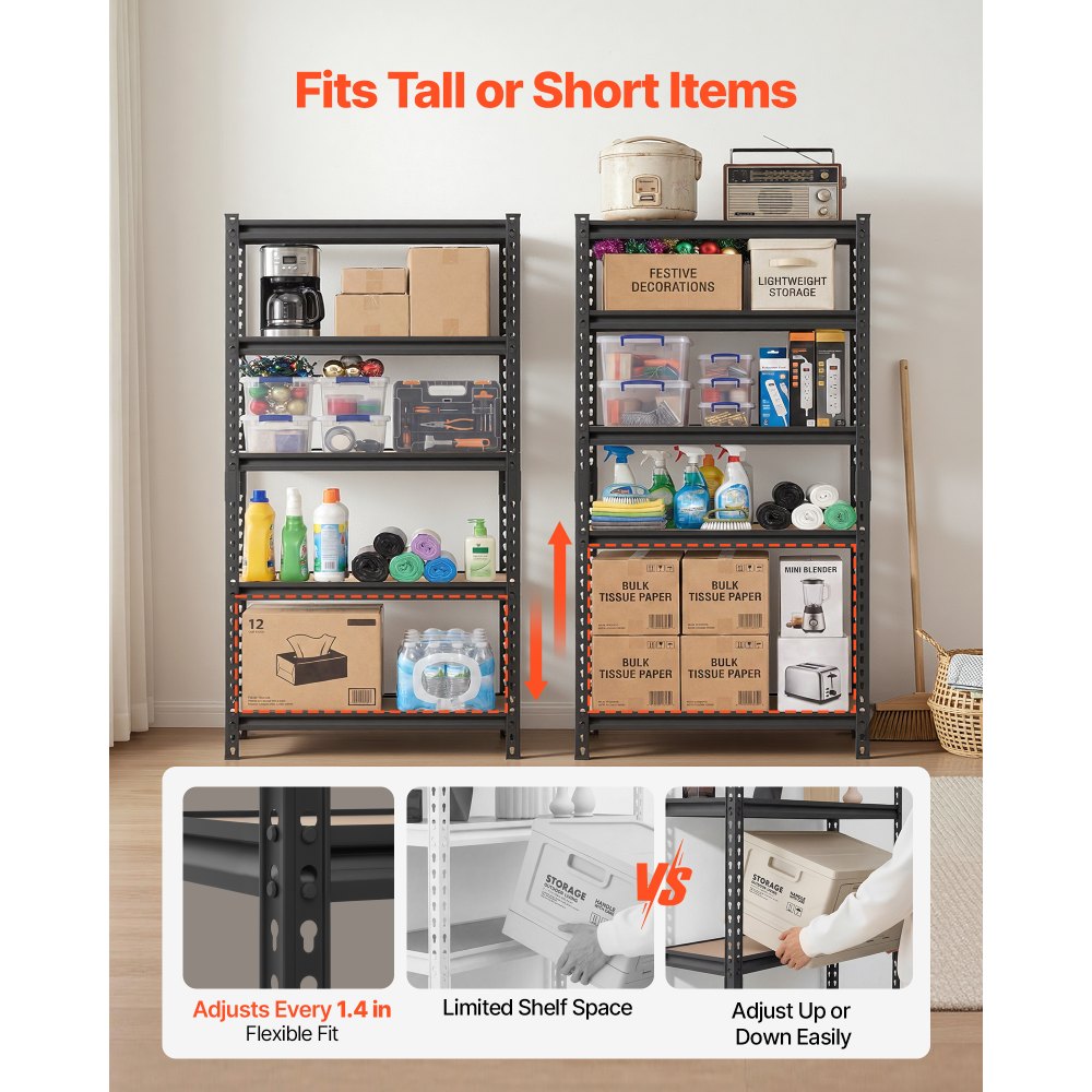 VEVOR Storage Shelves, 5-Tier Adjustable, 2000 lbs Capacity, Heavy Duty Garage Storage Shelving Unit, Metal Utility Rack Shelf, for Kitchen Pantry Basement Bathroom, 32.36" W x 16.34" D x 62.76" H