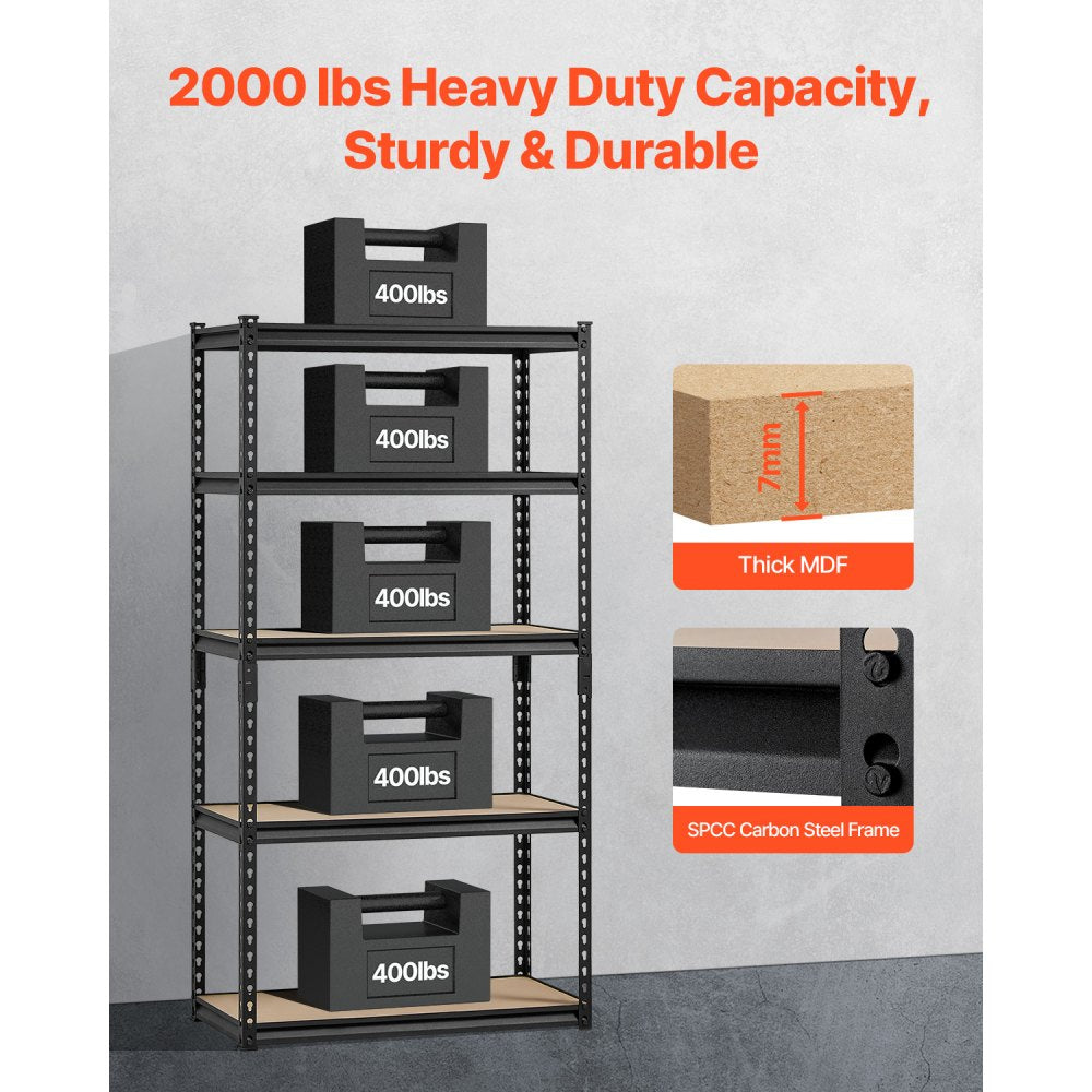 VEVOR Storage Shelves, 2000 lbs, 5 Tier Garage Storage Shelving, 16" D x 32" W x 62.8" H Adjustable Metal Shelves for Garage Shelves Utility Rack Shelf, Ideal for Kitchen, Warehouse, Basement, Black