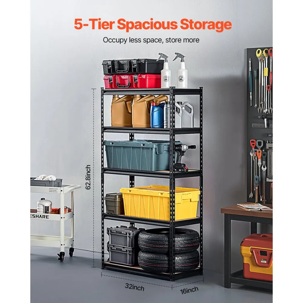VEVOR Storage Shelves, 2000 lbs, 5 Tier Garage Storage Shelving, 16" D x 32" W x 62.8" H Adjustable Metal Shelves for Garage Shelves Utility Rack Shelf, Ideal for Kitchen, Warehouse, Basement, Black