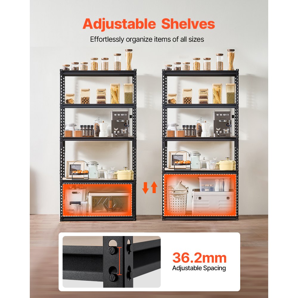 VEVOR Storage Shelves, 2000 lbs, 5 Tier Garage Storage Shelving, 16" D x 36" W x 71.4" H Adjustable Metal Shelves for Garage Shelves Utility Rack Shelf, Ideal for Kitchen, Warehouse, Basement, Black