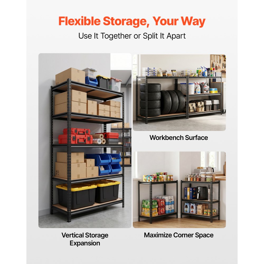 VEVOR Storage Shelves, 5-Tier Adjustable, 2500 lbs Capacity, Heavy Duty Garage Storage Shelving Unit, Metal Utility Rack Shelf, for Garage Warehouse Basement Kitchen, 40.35" W x 20.35" D x 71.38" H