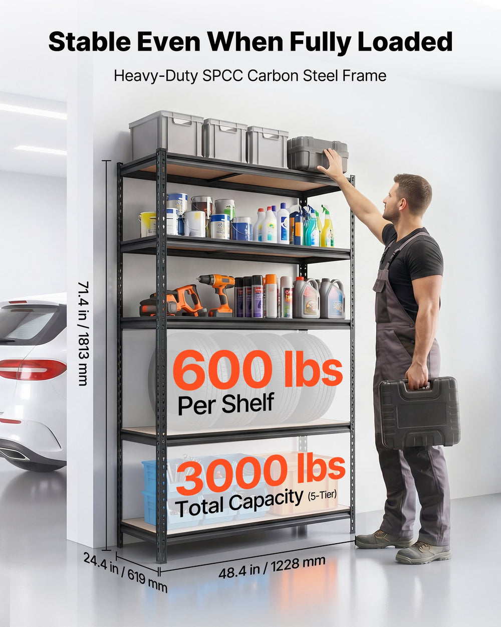 VEVOR Storage Shelves, 5-Tier Adjustable, 3000 lbs Capacity, Heavy Duty Garage Storage Shelving Unit, Metal Utility Rack Shelf, for Garage Workshop Warehouse Basement, 48.35" W x 24.37" D x 71.38" H