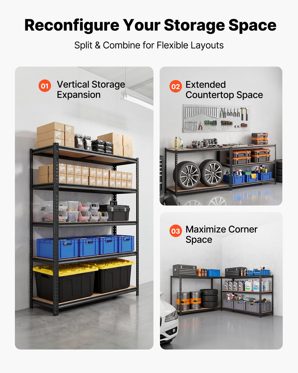 VEVOR Storage Shelves, 5-Tier Adjustable, 3000 lbs Capacity, Heavy Duty Garage Storage Shelving Unit, Metal Utility Rack Shelf, for Garage Workshop Warehouse Basement, 48.35" W x 24.37" D x 71.38" H