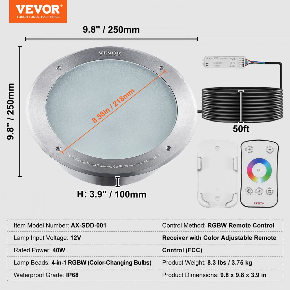 VEVOR 12V LED Pool Illumination, 10" Diameter 40W, Multi-Color RGBW, Submersible Light for Pools & Spas, Includes 50 FT Cable & Remote, Suitable for 10" Wet Niches, IP68