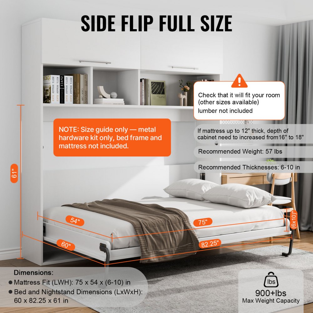 VEVOR Murphy Bed Kit, Twin Size, Deluxe DIY Wall Bed Mechanical Hardware Kit, Pneumatic Lever Heavy Duty Bed Frame Support, Folding Cabinet Wall Bed Space Saving Design for Guestroom, Easy to Build
