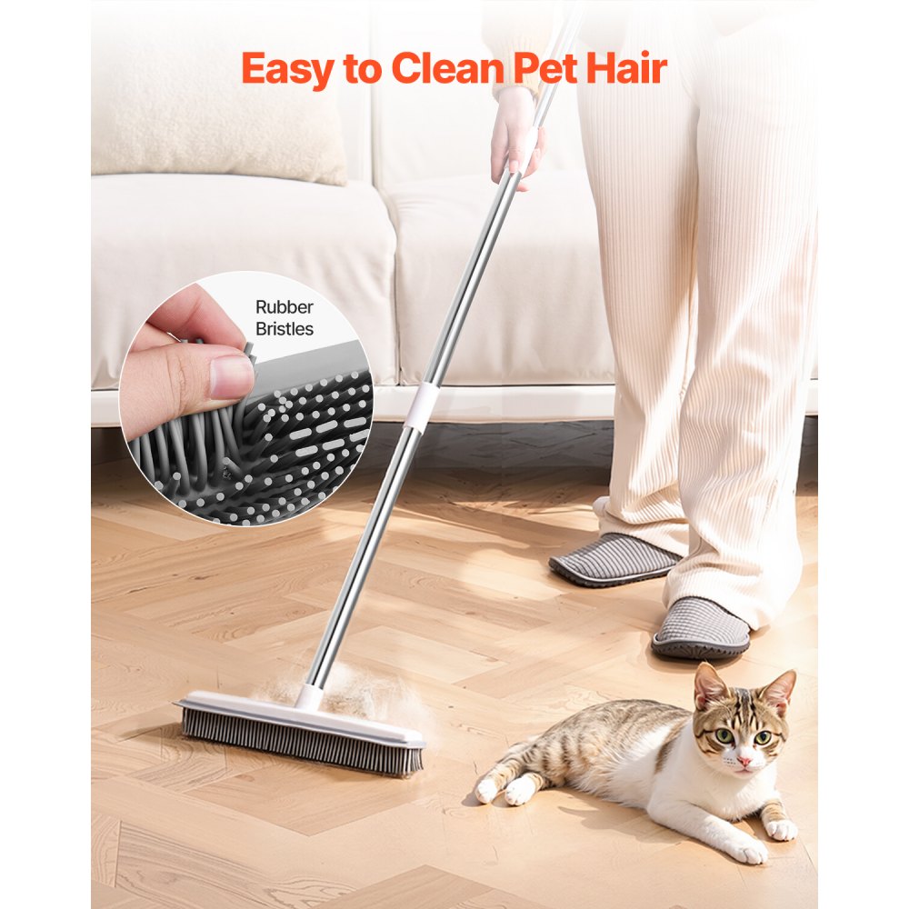 VEVOR Pet Hair Removal Broom, 58.46 in Adjustable Long Handle, Rubber Broom with Built in Squeegee Reusable Dog Cat Hair Remover, for Couch Furniture Hardwood Floor Tile