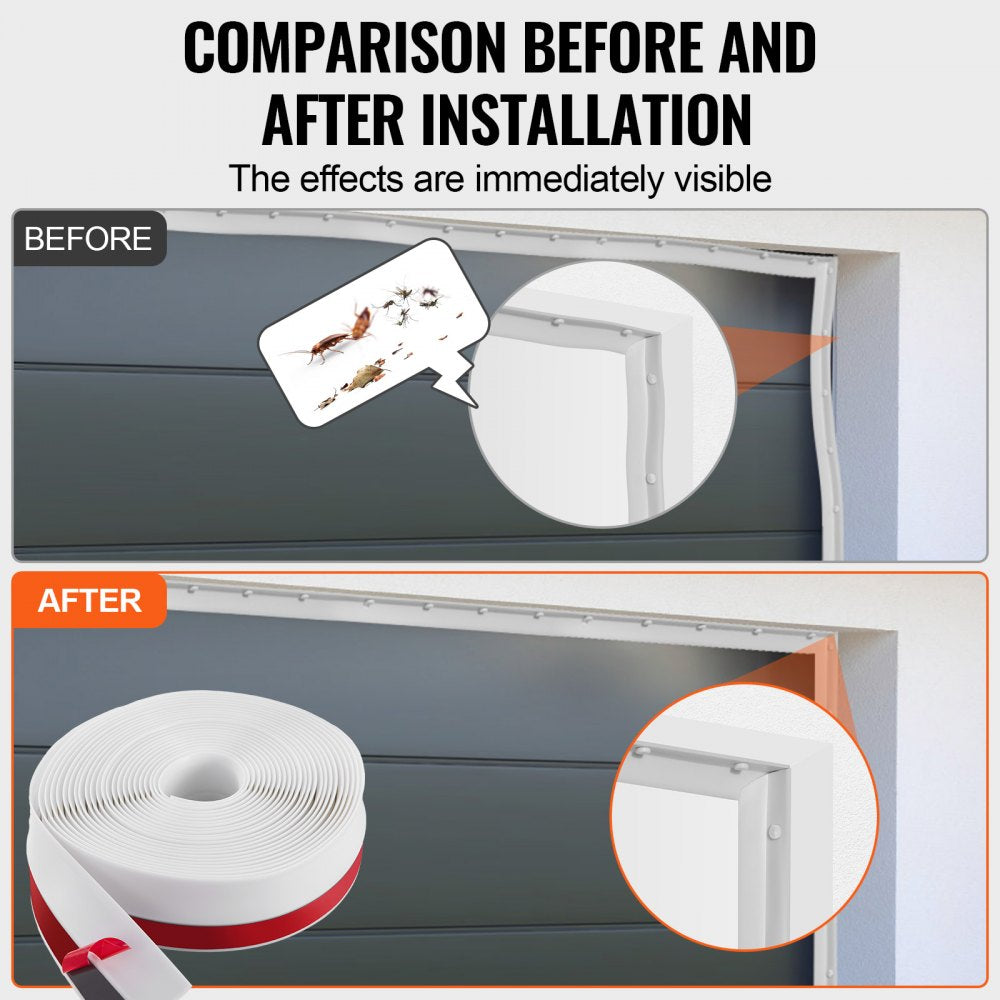 VEVOR Garage Door Seal Top and Sides Seal Strip, 34 FT Universal Weather Stripping Replacement Soft and Hard Composite, Weatherproofing Garage Door TPE Seals with Adhesive Backed and Screws, White