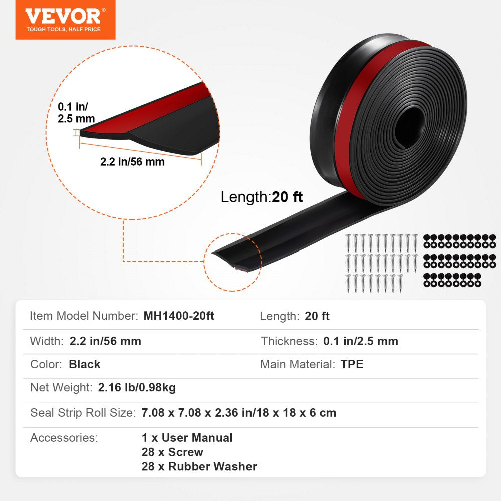VEVOR Garage Door Seal Top and Sides Seal Strip, 20 FT Universal Weather Stripping Replacement Soft and Hard Composite, Weatherproofing Garage Door TPE Seals with Adhesive Backed and Screws, Black