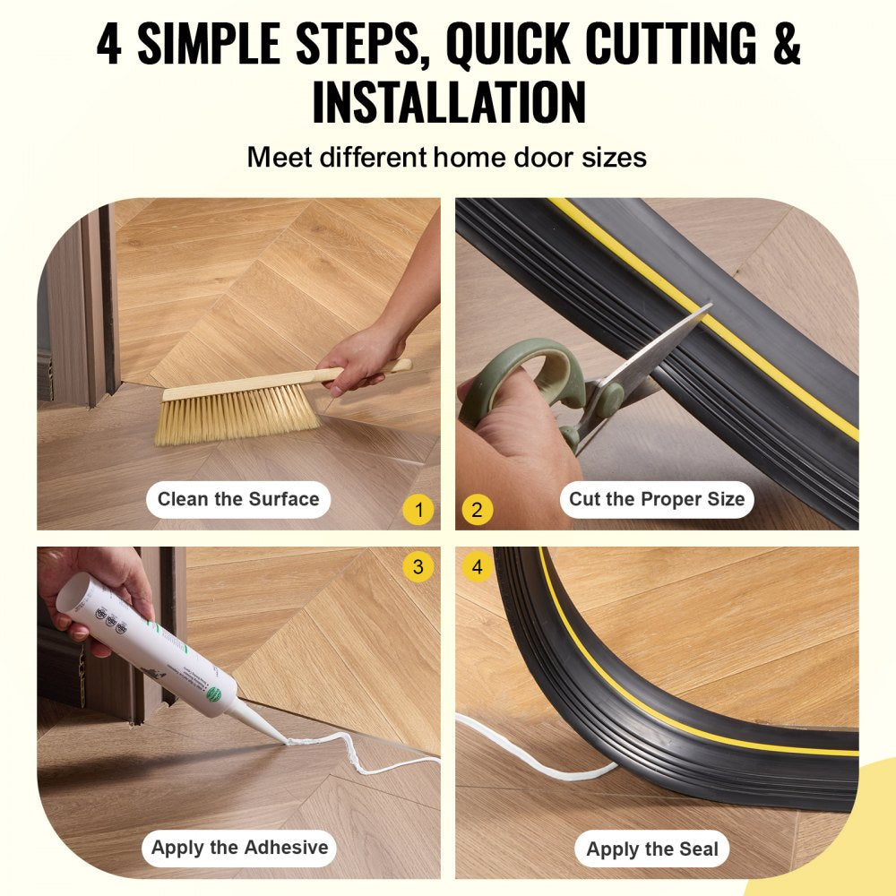 VEVOR Garage Door Threshold Seal Strip, 12 FT Universal Garage Door Floor Seal Strip with Adhesive, Garage Door Bottom Weatherproof Strip, Upgraded Thick PVC DIY Weather Stripping Replacement, Black