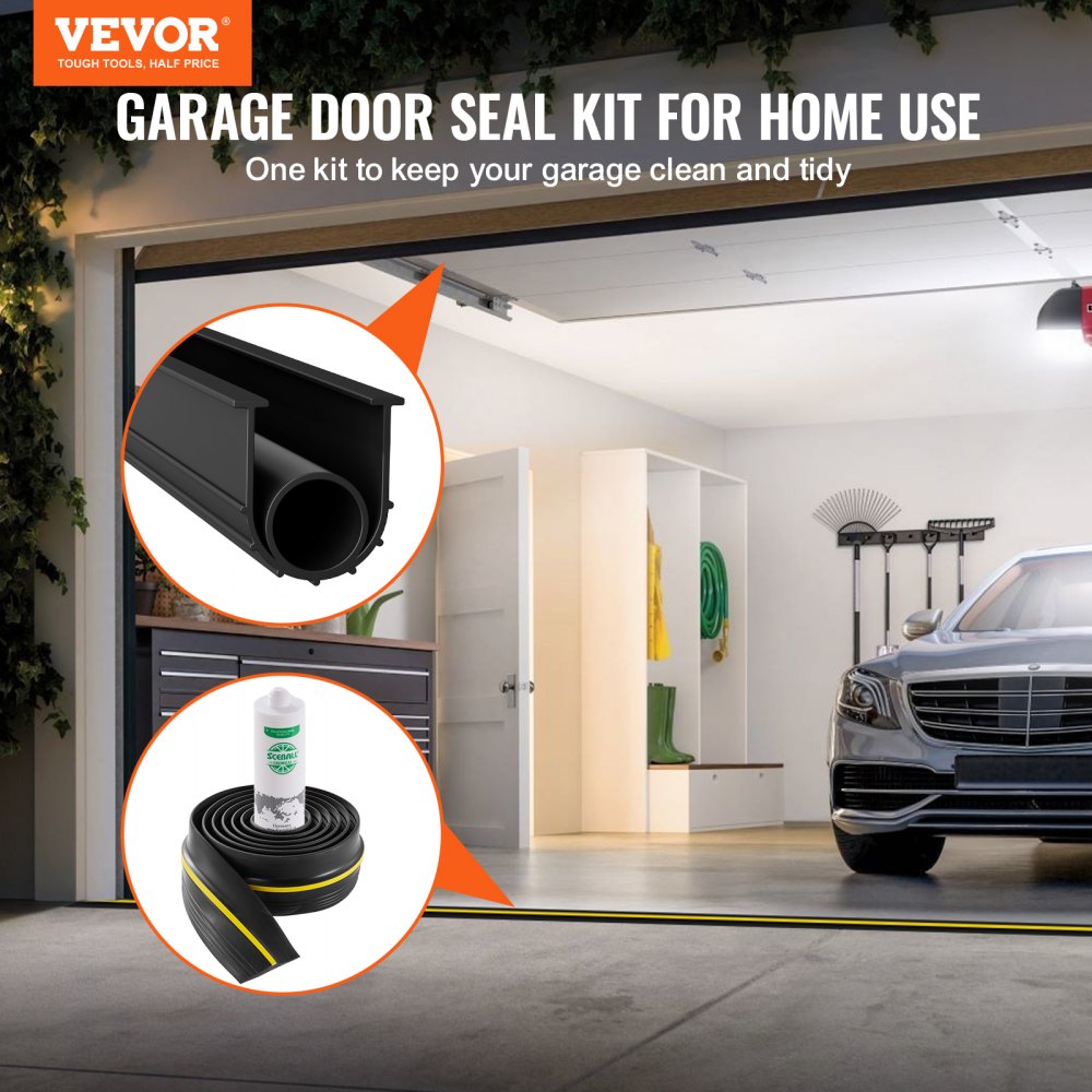 VEVOR Garage Door Threshold and Bottom Seals Kit, 16 FT U Shape+O Ring Universal Garage Door Bottom Seal Weatherstrip PVC, Combine with Weatherproof Garage Threshold Seal Strip with Adhesive, Black