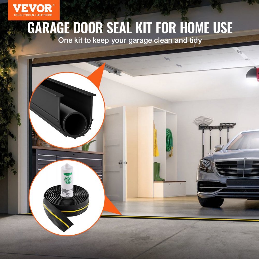 VEVOR Garage Door Threshold and Bottom Seals Kit, 20 FT U Shape+O Ring Universal Garage Door Bottom Seal Weatherstrip PVC, Combine with Weatherproof Garage Threshold Seal Strip with Adhesive, Black