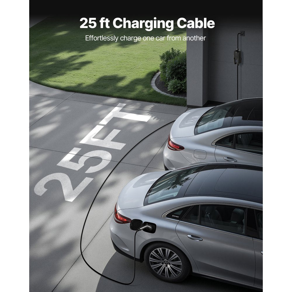 VEVOR Level 1&2 EV Charger, 16 Amp Adjustable Current, Electric Vehicle Portable Charger with 25 ft Cable, 120V-240V, NEMA 6-20P Plug NEMA 5-15 Adapter, LCD, Home Car Charging Station for SAE J1772 EV