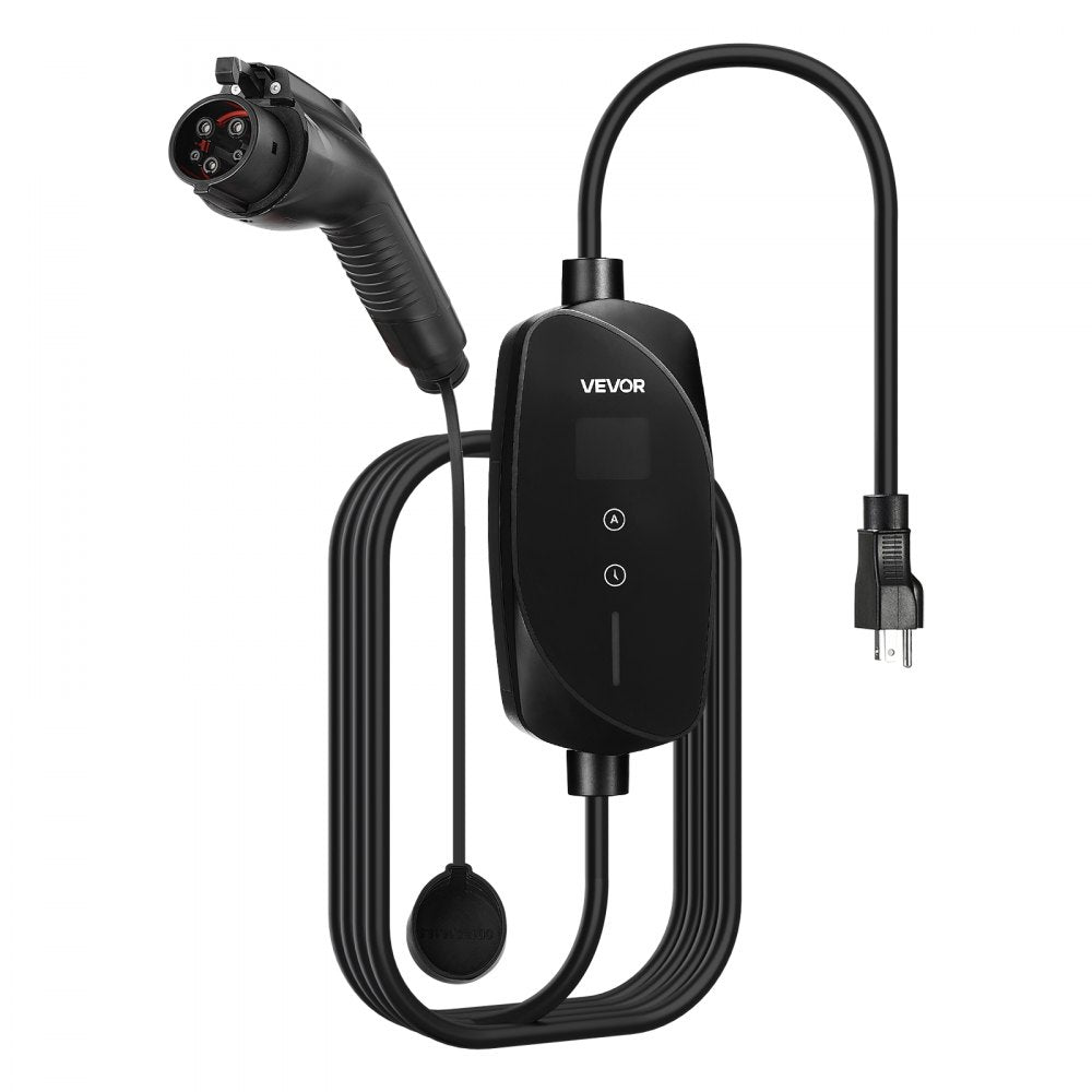VEVOR Level 1&2 EV Charger, 16 Amp Adjustable Current, Electric Vehicle Portable Charger with 25 ft Cable, 120V-240V, NEMA 6-20P Plug NEMA 5-15 Adapter, LCD, Home Car Charging Station for SAE J1772 EV