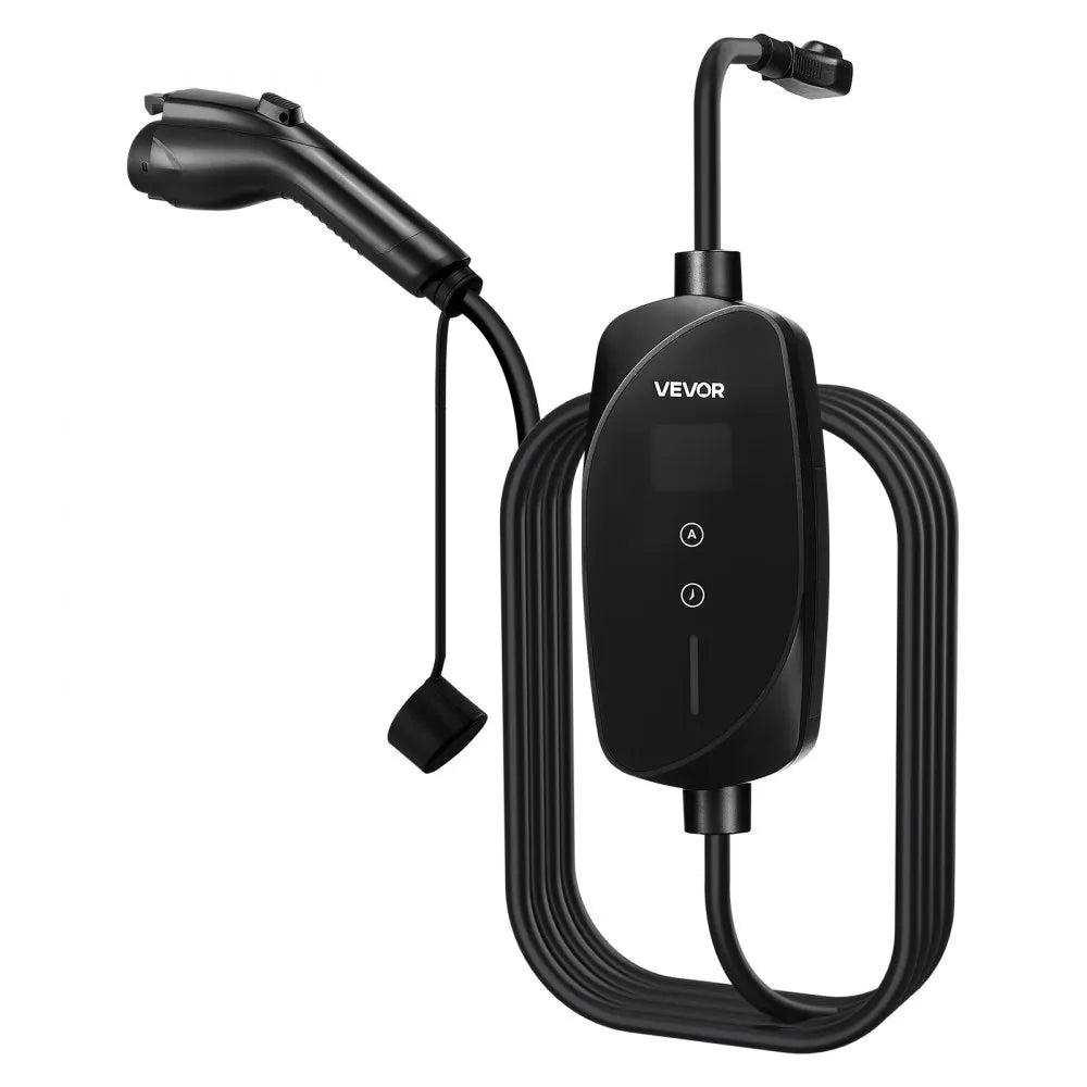 VEVOR Level 1&2 EV Charger, 16 Amp Adjustable Current, Electric Vehicle Portable Charger with 25 ft Cable, 120V-240V, NEMA 6-20P Plug NEMA 5-15 Adapter, LCD, Home Car Charging Station for SAE J1772 EV