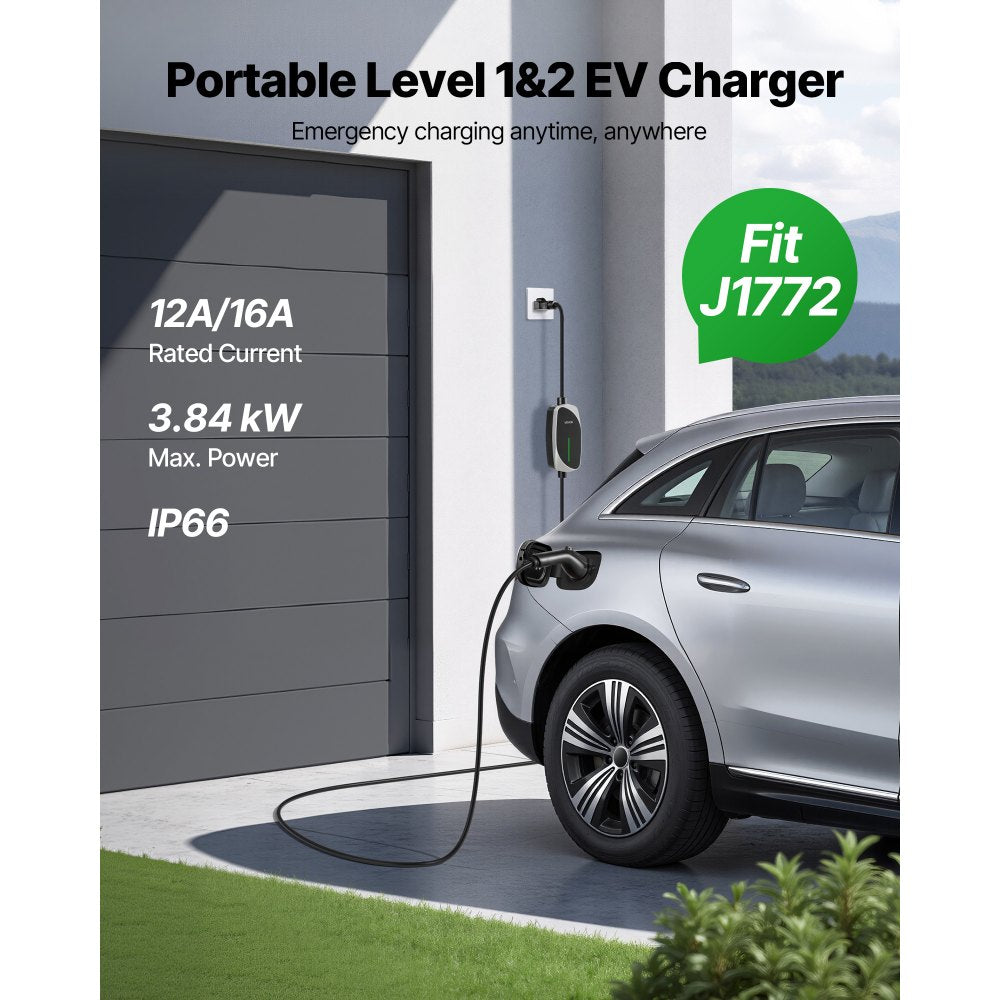 VEVOR Level 1&2 EV Charger, 16 Amp, Electric Vehicle Portable Charger with 25 ft Charging Cable, 120V-240V, NEMA 6-20P Plug NEMA 5-15 Adapter, LED Indicator, Home Car Charging Station for SAE J1772 EV