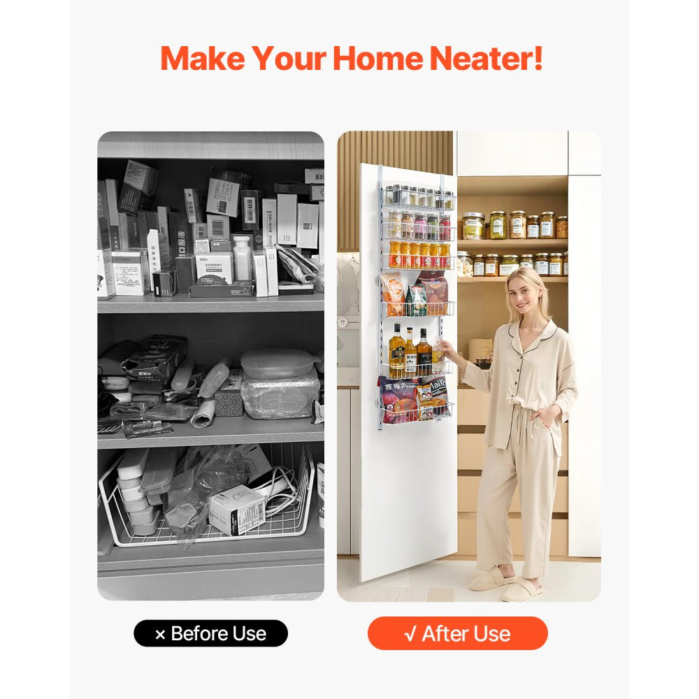 VEVOR Over the Door Pantry Organizer, 6-Tier Pantry Organization and Storage, Heavy-Duty Steel Hanging Spice Rack, Adjustable Wall Seasoning Shelves, for Home Kitchen Laundry Room Bathroom, White