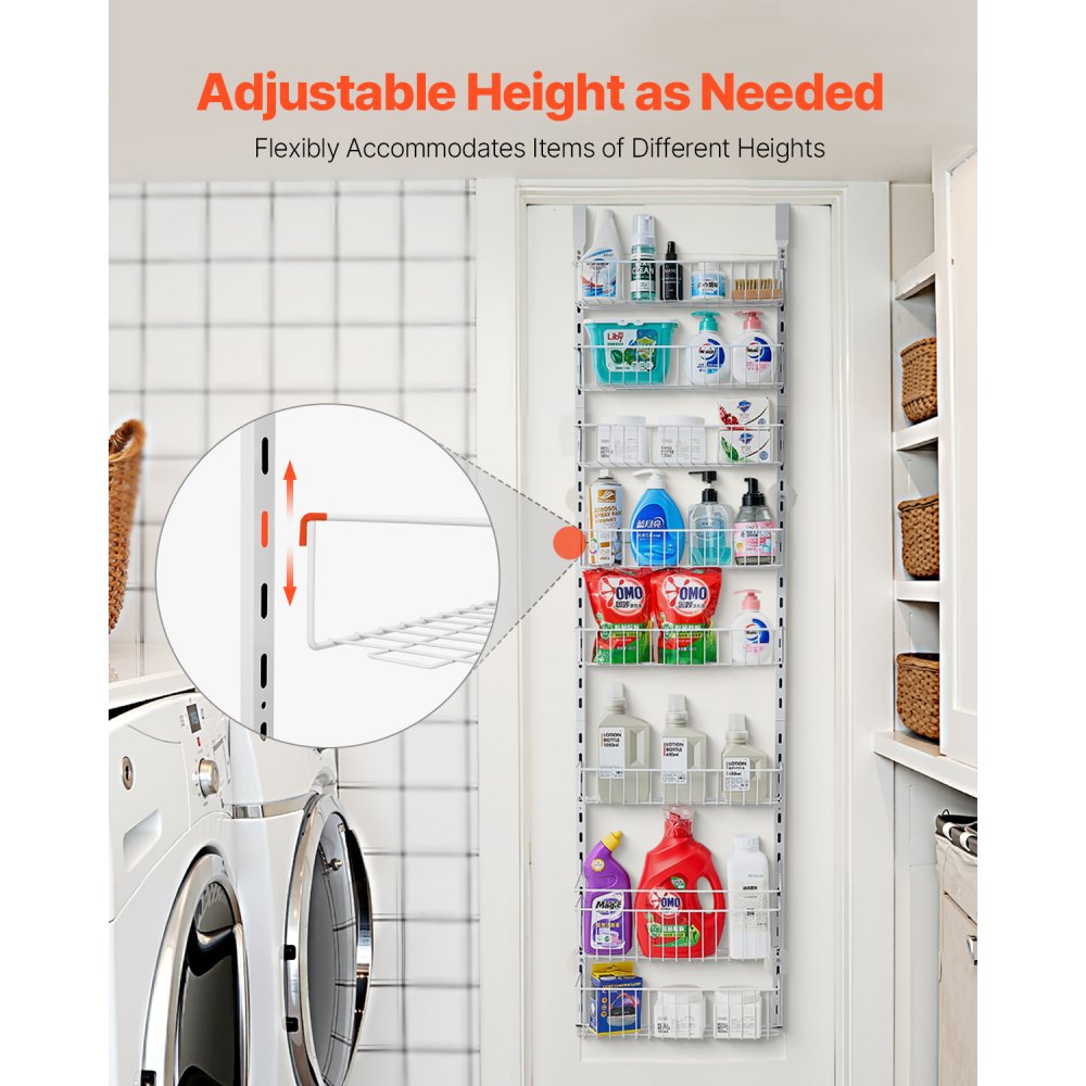 VEVOR Over the Door Pantry Organizer, 8-Tier Pantry Organization and Storage, Heavy-Duty Steel Hanging Spice Rack, Adjustable Wall Seasoning Shelves, for Home Kitchen Laundry Room Bathroom, White