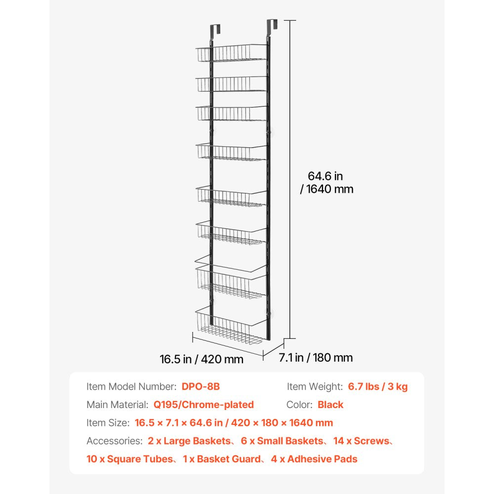 VEVOR Over the Door Pantry Organizer, 8-Tier Pantry Organization and Storage, Heavy-Duty Steel Hanging Spice Rack, Adjustable Wall Seasoning Shelves, for Home Kitchen Laundry Room Bathroom, Black