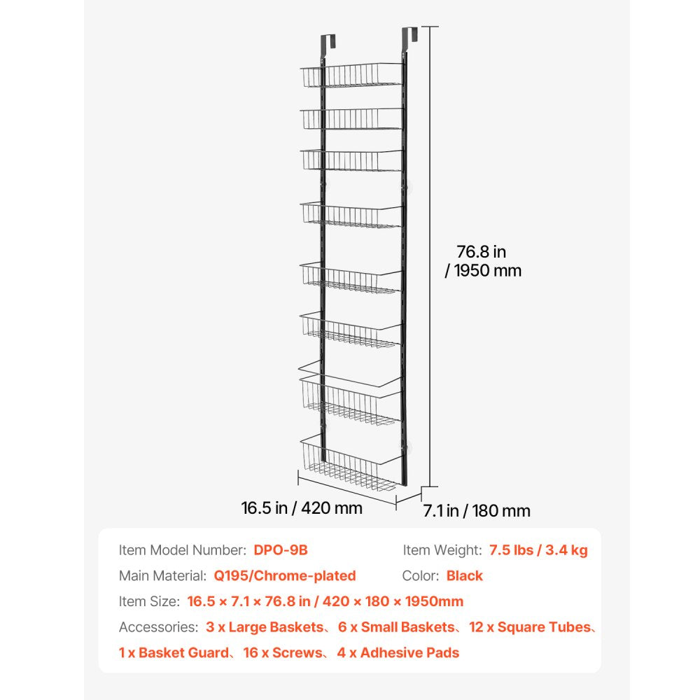 VEVOR Over the Door Pantry Organizer, 9-Tier Pantry Organization and Storage, Heavy-Duty Steel Hanging Spice Rack, Adjustable Wall Seasoning Shelves, for Home Kitchen Laundry Room Bathroom, Black